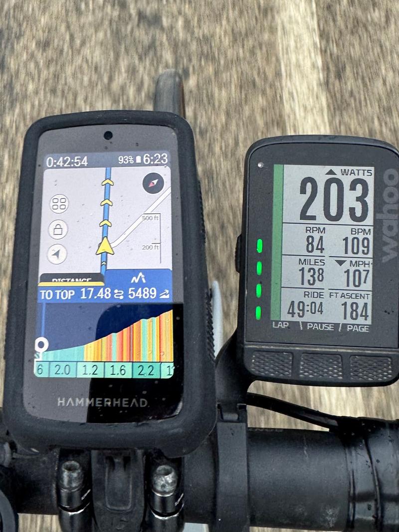Another look at my gauges in this case it’s right at the beginning of the climb and you could see on the left. It says 17 miles and 5400 feet to the top from where I was located at that time and on the right is all my performance numbers at that moment